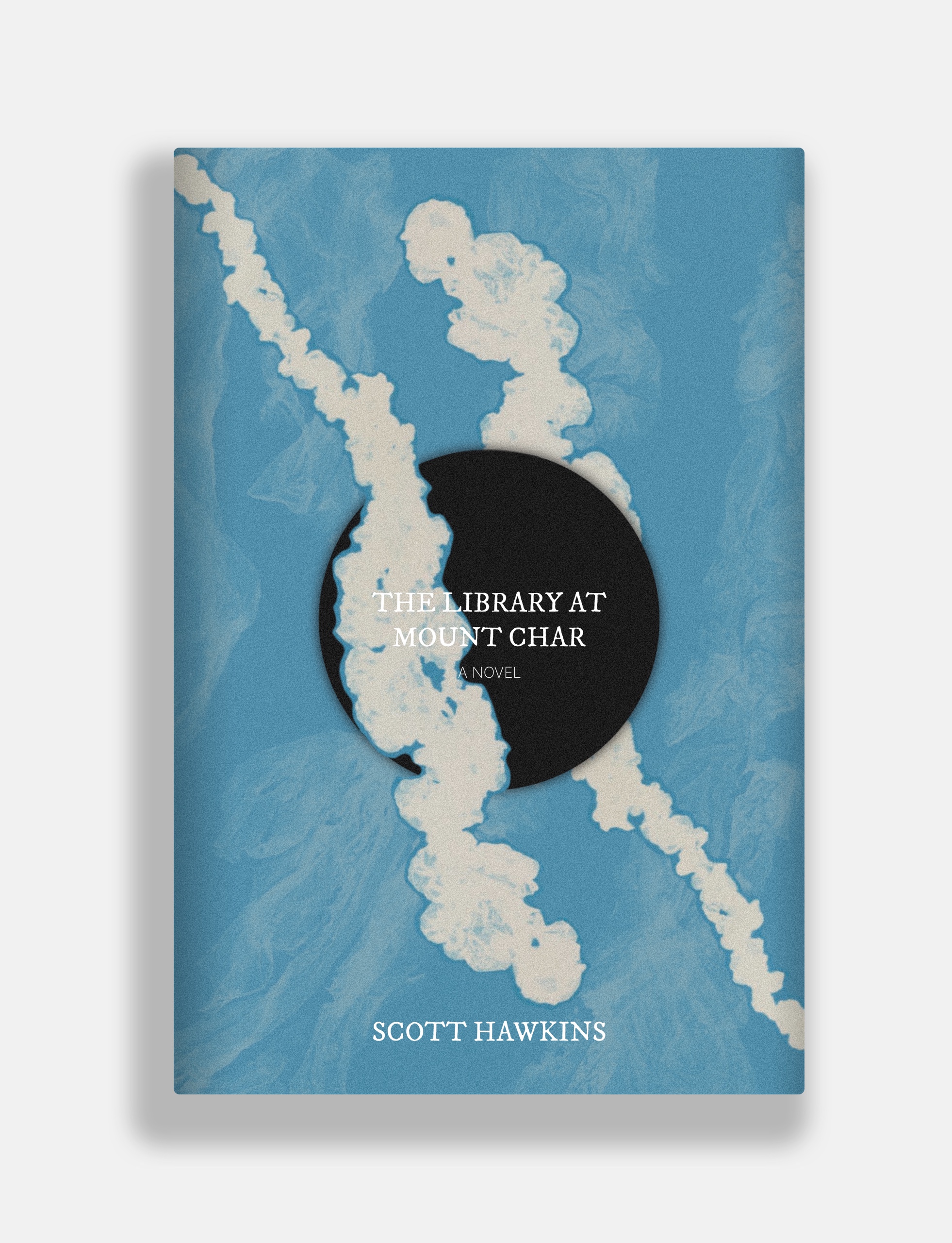 a book cover for The Library at Mount Char by Scott Hawkins featuring artwork including cyanotypes of algae by Anna Atkins